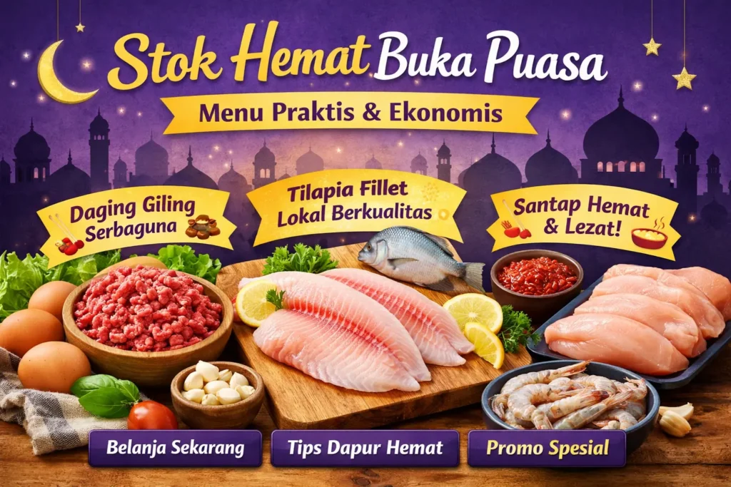 Daging giling dan tilapia fillet lokal sebagai bahan utama stok hemat buka puasa tersusun rapi di dapur modern.