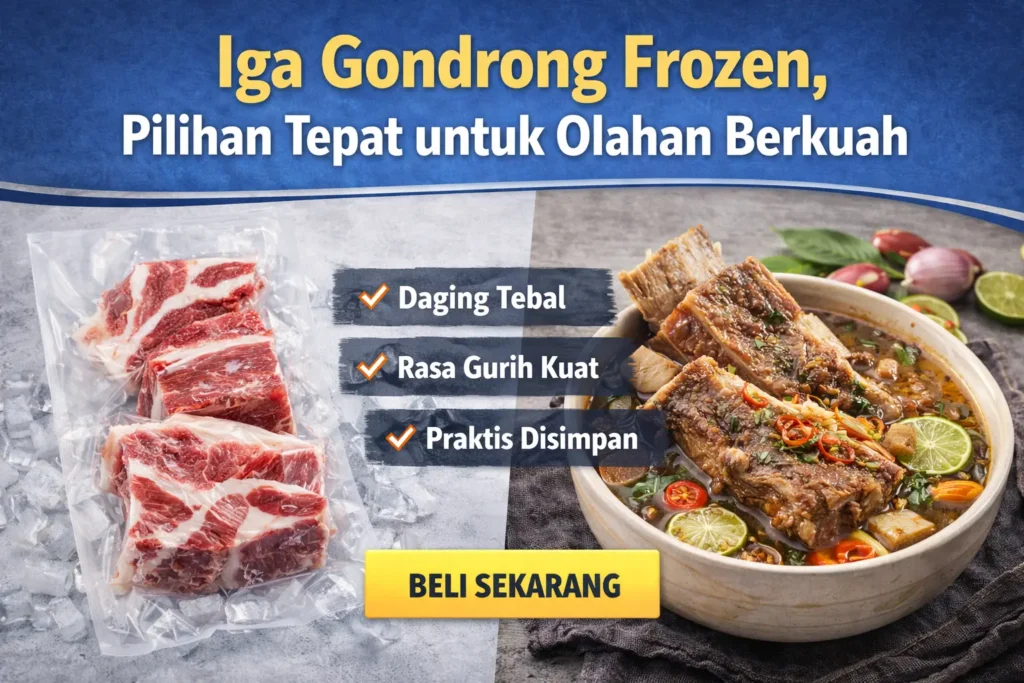 Iga gondrong frozen dengan potongan daging tebal siap diolah menjadi masakan berkuah