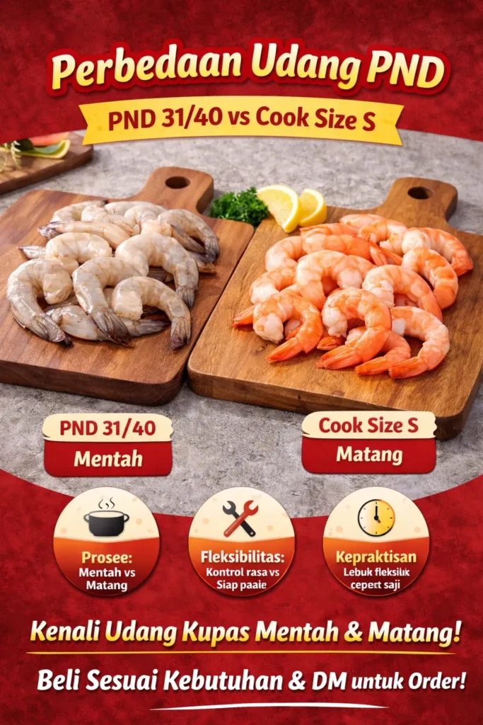 Perbandingan Udang PND 31/40 mentah dan Udang Cook Size S matang di atas talenan dapur