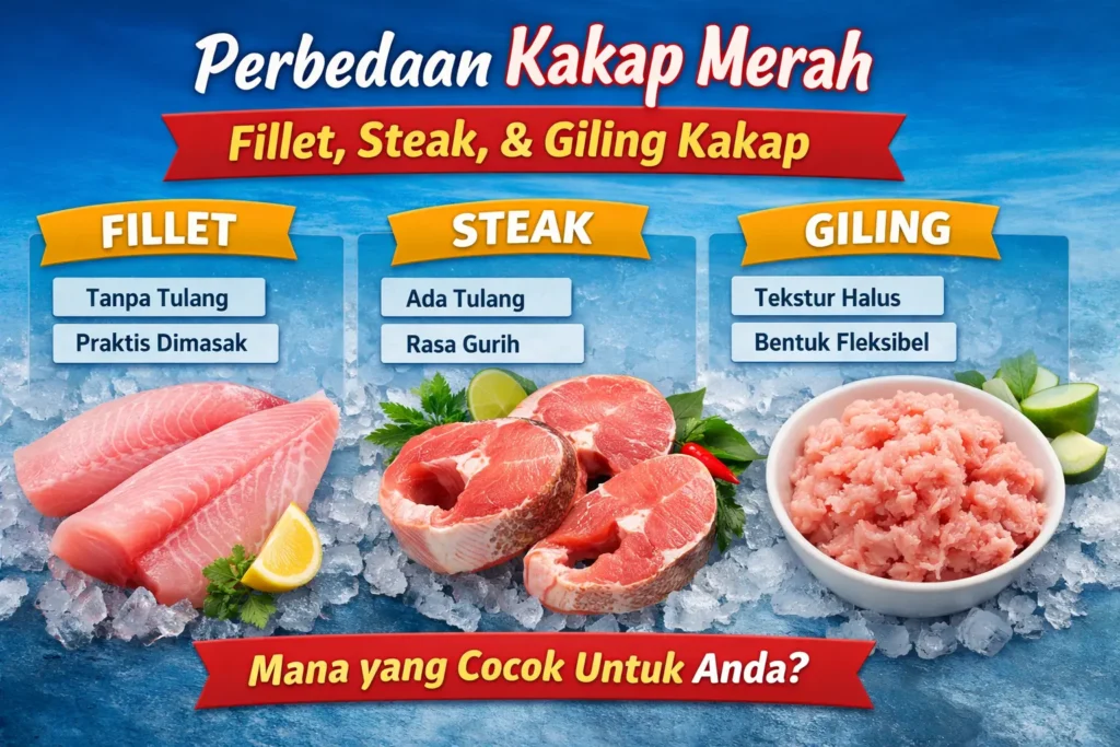 Perbandingan potongan kakap merah fillet, steak bertulang, dan daging giling segar di atas es