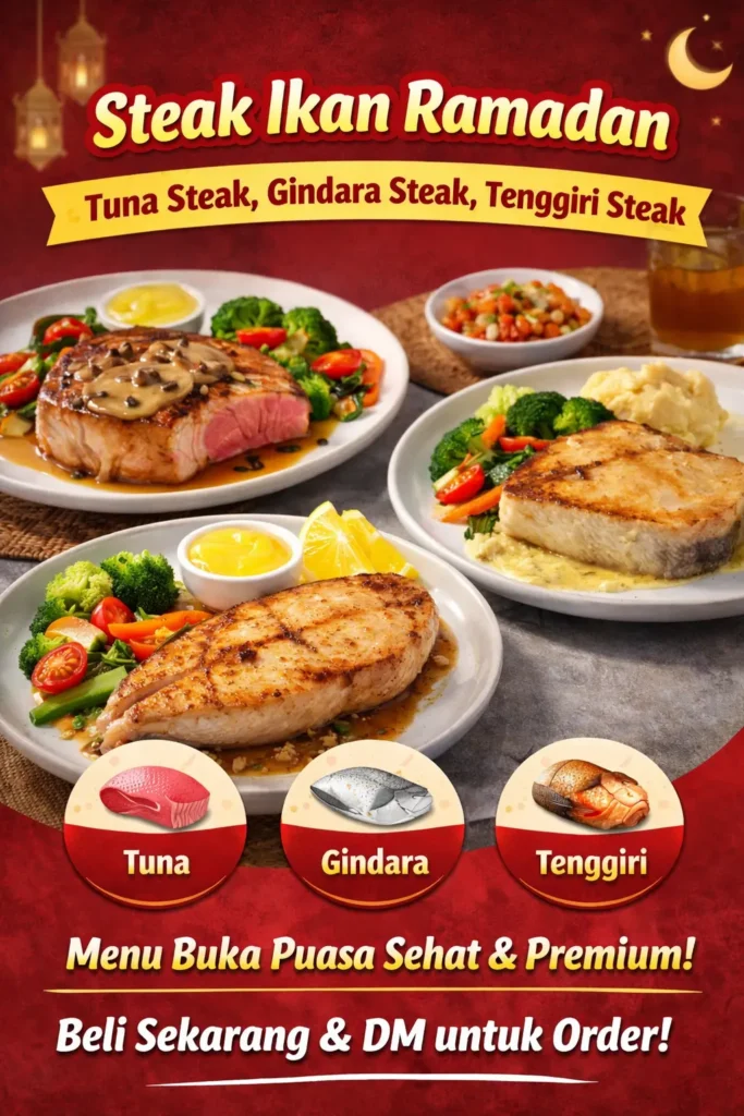 Tuna steak, gindara steak, dan tenggiri steak tersaji hangat dengan saus dan sayuran untuk menu buka puasa