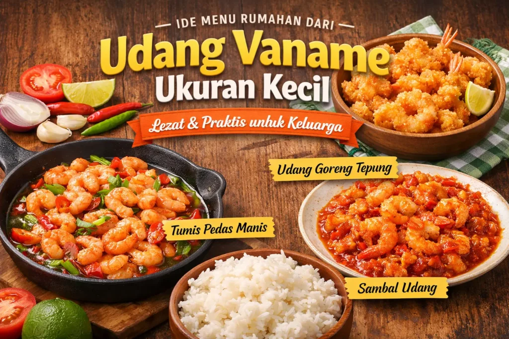 Aneka masakan rumahan dari udang vaname ukuran kecil seperti tumis udang, udang goreng tepung, dan sambal udang