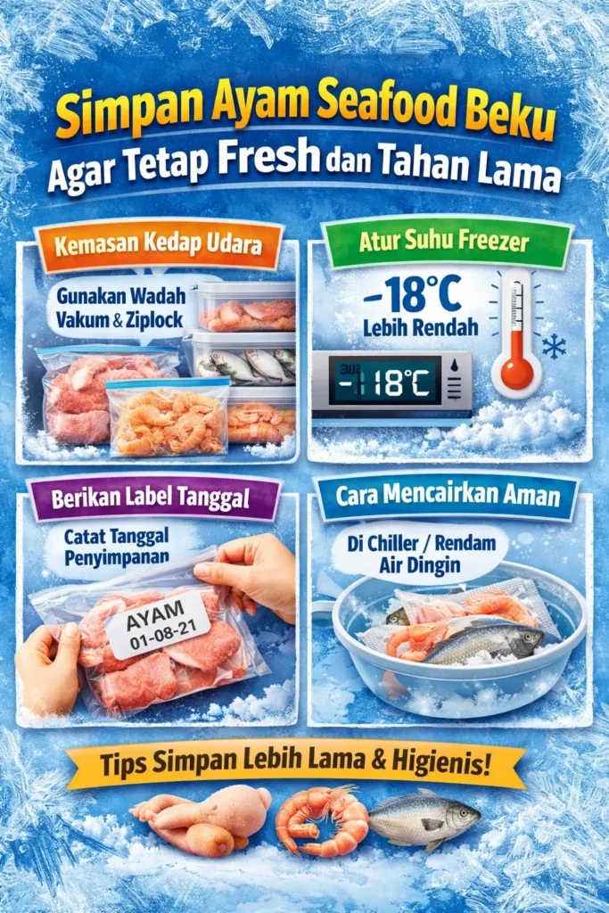 Ayam dan seafood beku tersimpan rapi dalam wadah kedap udara di freezer.