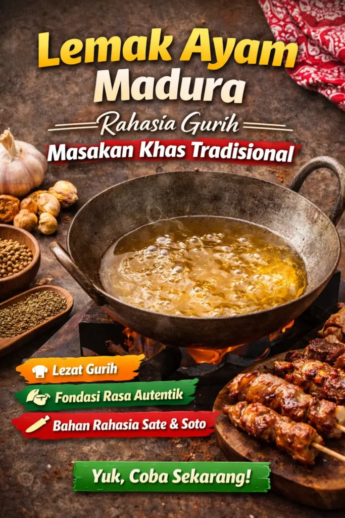 Minyak ayam cair berwarna keemasan untuk tumisan bumbu sate khas Madura.