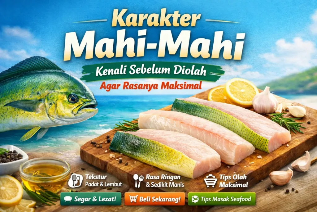 fillet ikan mahi-mahi segar berwarna putih dengan kulit kuning kehijauan di atas meja dapur