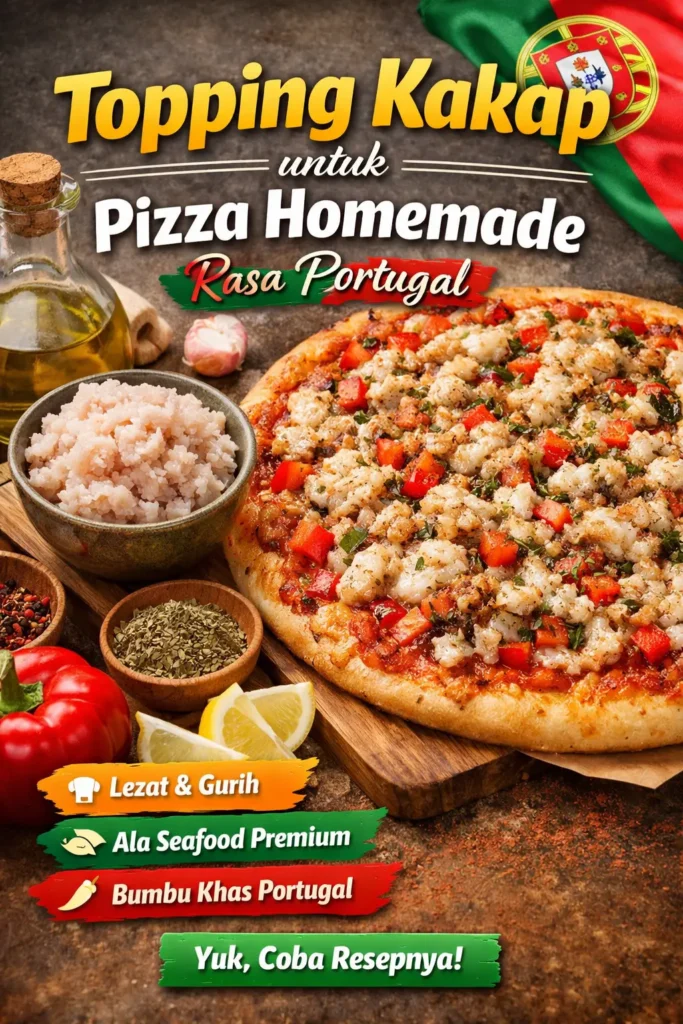 Pizza homemade rasa Portugal dengan topping kakap cincang, paprika, dan keju mozzarella leleh.