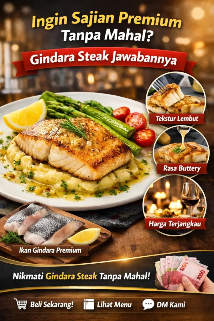 Gindara steak premium dengan tekstur lembut dan tampilan plating elegan di piring restoran