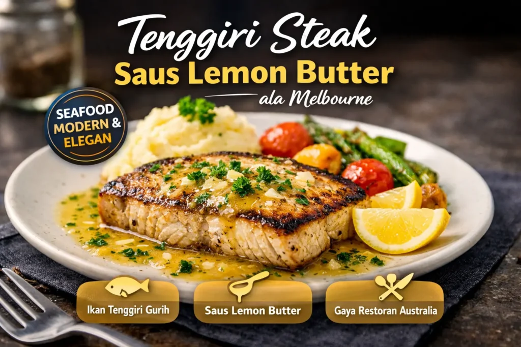 Steak tenggiri saus lemon butter ala Melbourne dengan plating modern dan garnish lemon segar