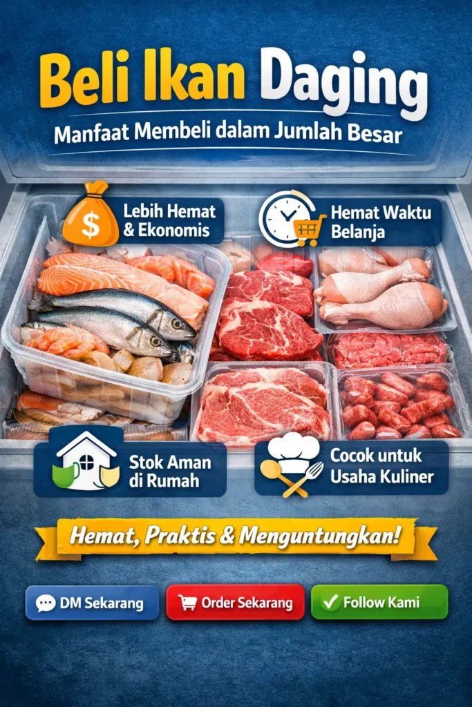 stok ikan dan daging segar dalam freezer untuk kebutuhan rumah tangga