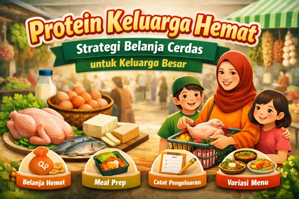 Ilustrasi belanja bahan protein hemat seperti ayam, telur, dan tahu untuk kebutuhan keluarga besar