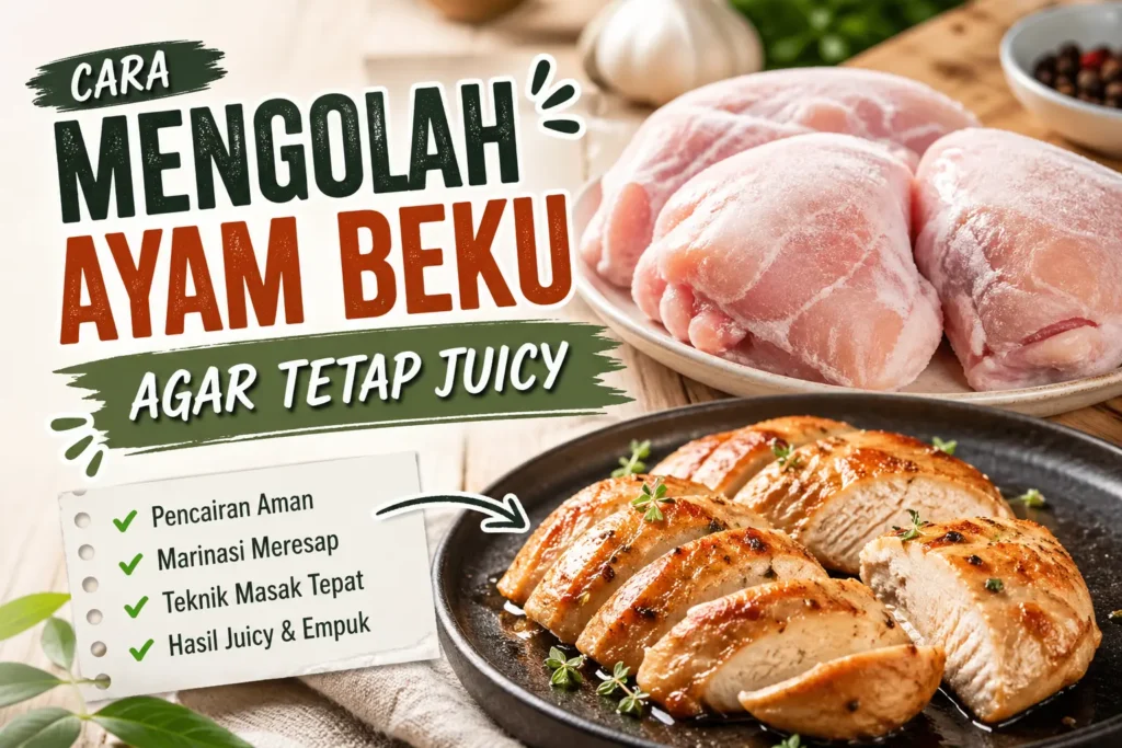 Ayam beku dimarinasi dengan bumbu lalu dimasak hingga juicy dan matang sempurna