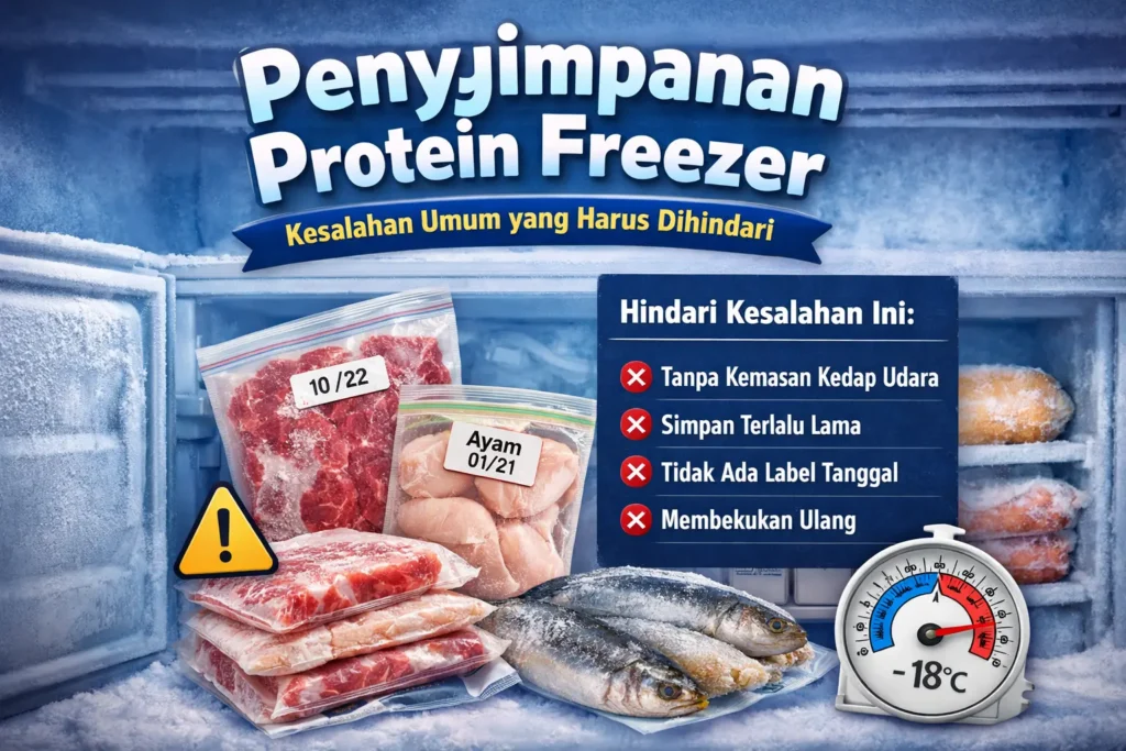 Daging, ayam, dan ikan tersusun rapi dalam freezer dengan kemasan kedap udara dan label tanggal