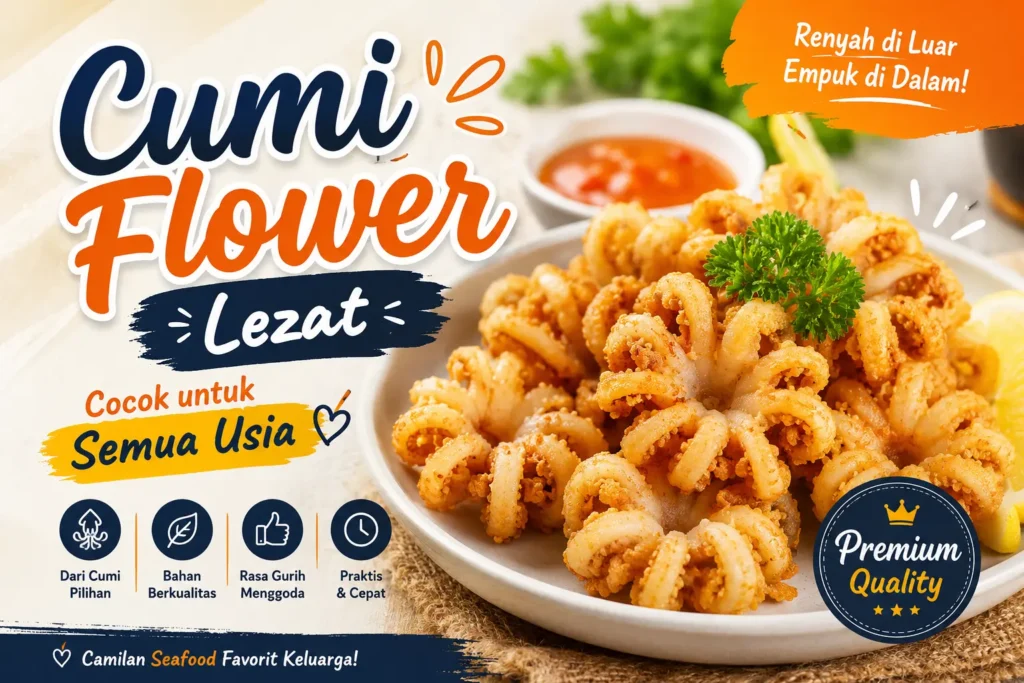 Cumi flower lezat bertekstur renyah dengan saus spesial di atas piring saji.