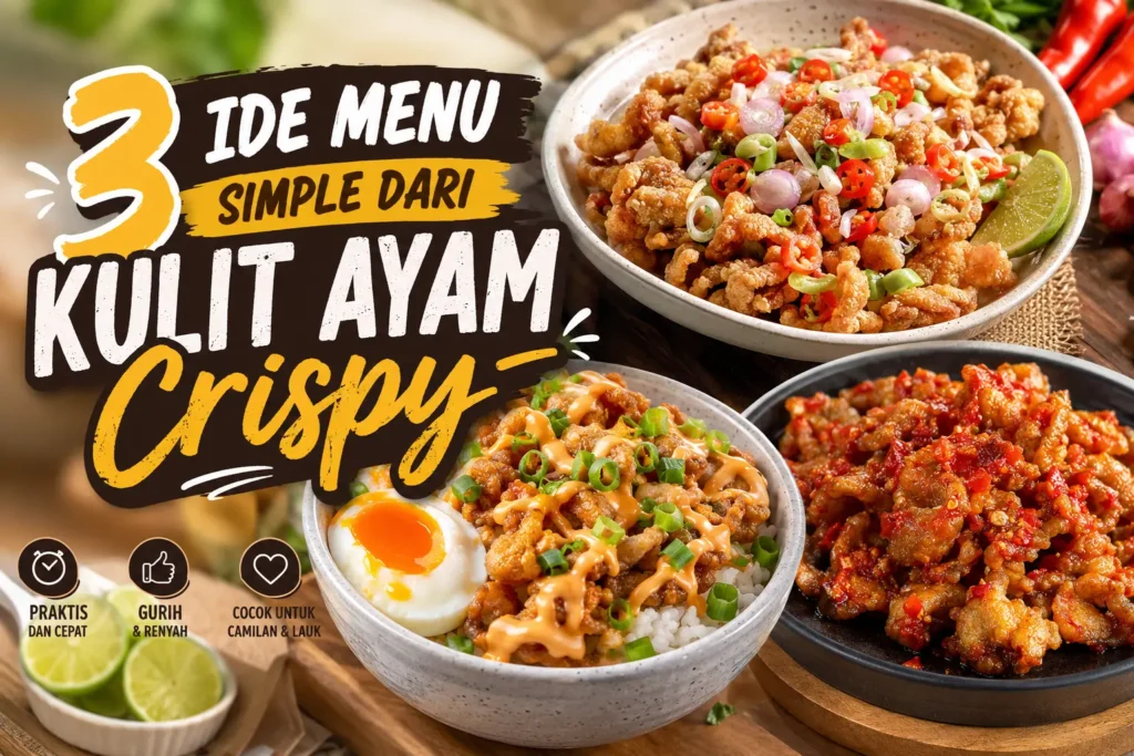 Aneka menu kulit ayam crispy dengan sambal matah, saus mayo, dan bumbu balado di meja makan.