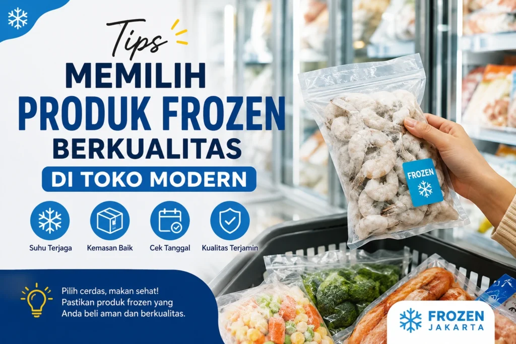 Rak toko modern berisi produk frozen berkualitas dengan kemasan rapi dan segar